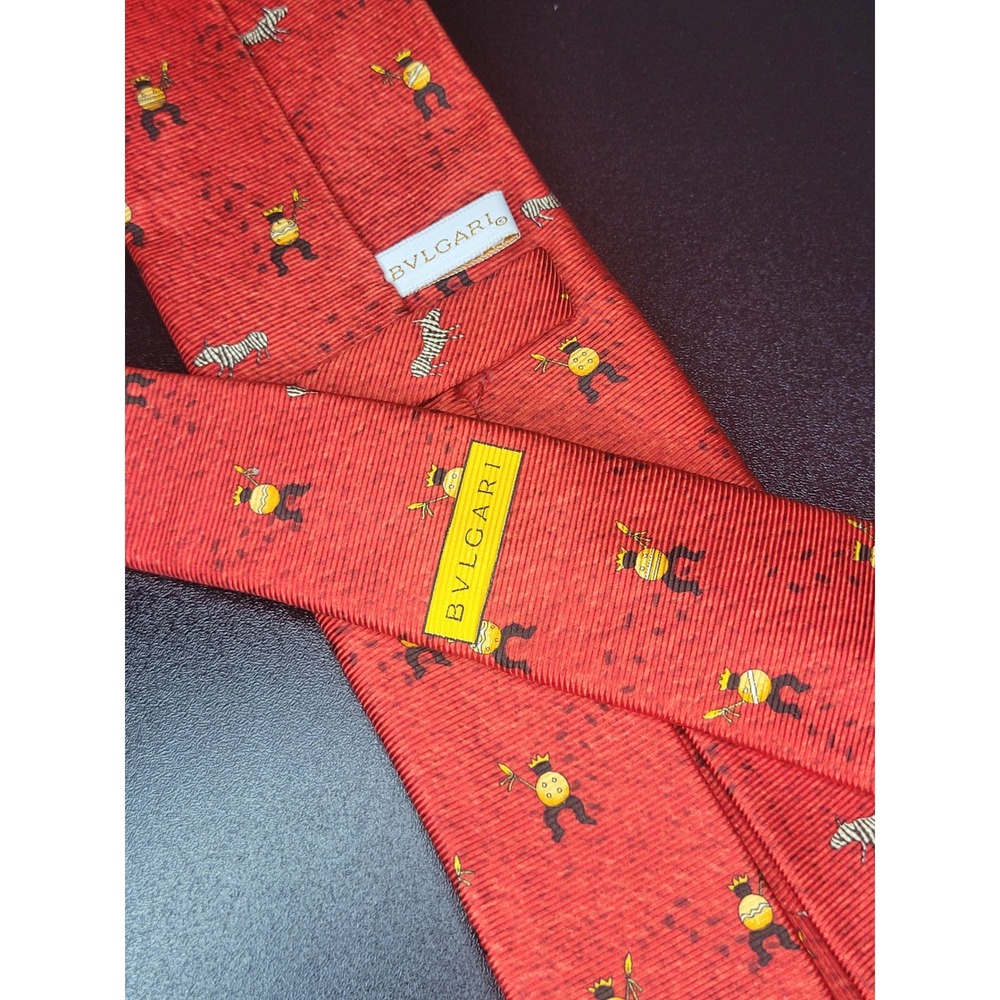 Bvlgari Men's Necktie Red Zebra Figure Silk Excellent